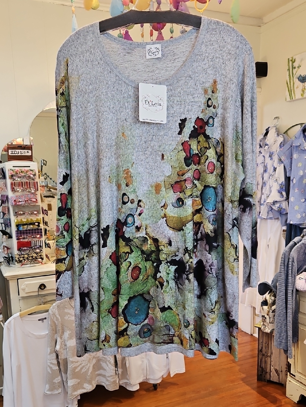 Gray Floral Watercolor Print Tunic Top